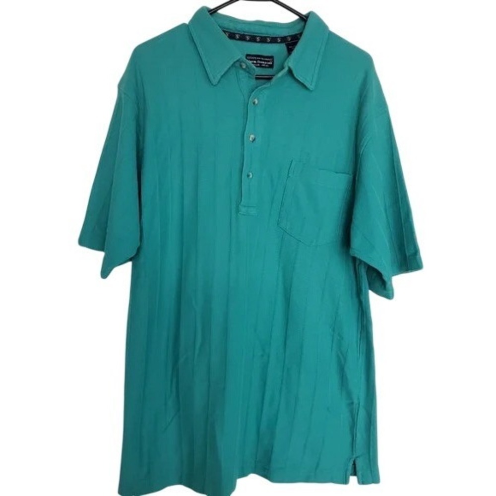 Vintage Norm Thompson Retro Teal Striped Short Sleeve Polo Shirt Size L‎ Cotton